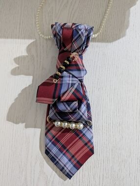 Plaid Bow Tie Necklace with Pearl Accent - Red Blue
